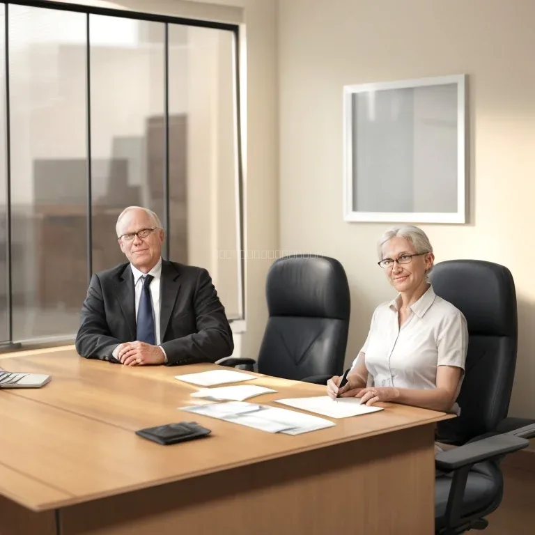 Elderly couple discussing legal documents with advisor